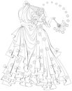 Black and white illustration of beautiful fairy holding magic wand for coloring. Worksheet for children and adults. Royalty Free Stock Photo