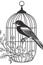 Black and white illustration of a bird in a cage with flowers Royalty Free Stock Photo