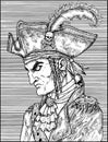 Black and white illustration of brave pirate captain, portrait and close up