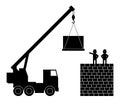 Black and white illustration, builders supervise the work of a crane. Isolated vector