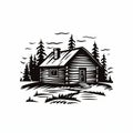 Bold Stencil Illustration Of An Old Log Cabin By The Forest