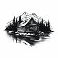 Bold Stencil Hut On Mountain Lake: Detailed Cabincore Illustration