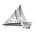 Black and white illustration of a cable-stayed bridge. The bridge features a central Royalty Free Stock Photo