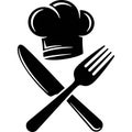 Black and white illustration of a chef hat with crossed fork and knife isolated on transparent background Royalty Free Stock Photo