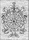 Black and white illustration of compass or wind rose decorated with victorian and baroque patterns against sea background Royalty Free Stock Photo