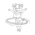 Black and white illustration of cute female pig who makes exercise with hula hoop