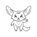 Black and white illustration of cute fennec fox who swings its paw with salutation
