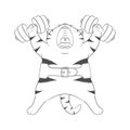 Black and white illustration with cute striped cat athlete with dumbbells and athletic belt.