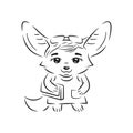 Black and white illustration of cute stylish dressed female fennec fox with clutch bag and sunglasses