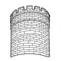 A black and white illustration of a cylindrical medieval tower featuring a castellated Royalty Free Stock Photo