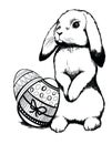 Black and white illustration of easter bunny, bunny with easter eggs