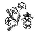 Black and white illustration of an Easter egg tied with a magnificent bow and elegant spring flowers