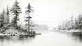 Black And White Sketch Of Pine Trees Along Water