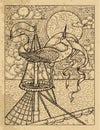 Black and white illustration of elegant stork in the nest on ship mast against the background of sea, moon and clouds