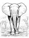 Black and white illustration of elephant cartoon page, coloring page for kids and adults. African animal elephant Royalty Free Stock Photo