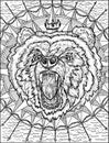 Black and white illustration of emblem with head of bear against background of compass and sea