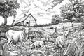 Black and white illustration of a farm with sheep. Suitable for various design projects Royalty Free Stock Photo