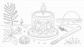 Candle with floral design, spoon, and natural elements in a line drawing Royalty Free Stock Photo