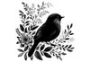 A black and white illustration features a stylized bird perched o Royalty Free Stock Photo