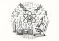 Central focus includes a stylized atomic model, DNA strands, and a collection Royalty Free Stock Photo