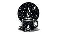 A black and white illustration featuring a steaming mug, with st Royalty Free Stock Photo