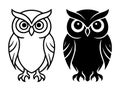 Owl illustration, black and white, outline and silhouette versions Royalty Free Stock Photo
