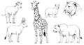 Black and white illustration featuring various animals. Central is a giraffe with Royalty Free Stock Photo