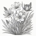 Black and white illustration of flowers and grasses