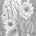 Black and white illustration of flowers and grasses