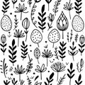 Black and white illustration of flowers and plants, minimalist styled florals, springtime background