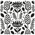 Black and white illustration of flowers and plants, minimalist styled florals, springtime background