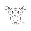 Black and white illustration of a funny fennec fox looks with sadness