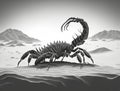 A black and white illustration of a giant scorpion crawling across the desert floor Zodiac Astrology concept. AI