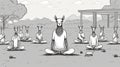 Black and white illustration of goats practicing yoga in a park. Line art