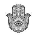 Black and white illustration of a hamsa hand symbol. Hand of Fatima religious sign with all seeing eye. Vintage boho style. Vector Royalty Free Stock Photo