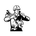 Handyman or Builder Wearing Hard Hat Carrying Spanner and Spade Retro Black and White