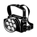 Black and white illustration of a headlamp with multiple L E D lights and adjustable strap head light Royalty Free Stock Photo
