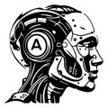 Black and white illustration of a humanoid robot or cyborg head in profile. Royalty Free Stock Photo