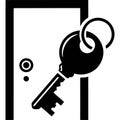 Black and white illustration of a key inserted into a door lock symbolizing access and security Royalty Free Stock Photo