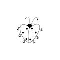 Black and white illustration of a ladybug in the form of a heart on a white background. Cute heart shaped beetle.