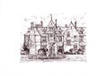 Black and white illustration of a large country house.