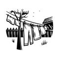 Black and white illustration of laundry hanging on a clothesline with a tree and house drying Royalty Free Stock Photo
