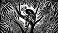 Black and White Illustration of a Lemur on a Tree Branch