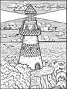 Black and white illustration of lighthouse tower on the cliff rock with trees and waves