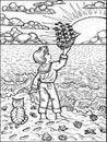 Black and white illustration of little boy standing on a seashore and holding handmade sailboat against rising sun