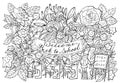Black and white illustration with little gnomes pupils and teacher learning in the flower garden