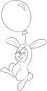 Black and white illustration of a little rabbit, with a balloon, floating in the air, perfect for coloring book or Easter card