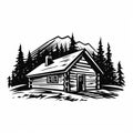 Bold Stencil Illustration Of A Log Cabin In The Mountains