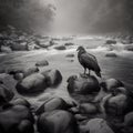 Black and white illustration of long river, muddy and foggy background.