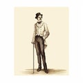 Black And White Illustration Of Man With Cane In Victorian-era Style